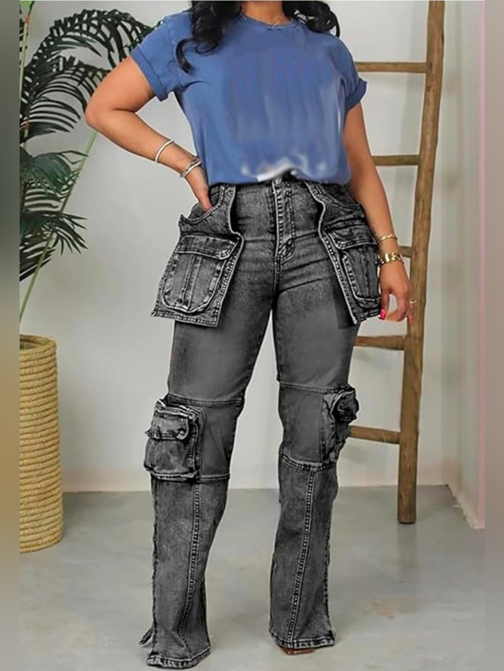 High-Waist Black Washed Cargo Jeans for Women